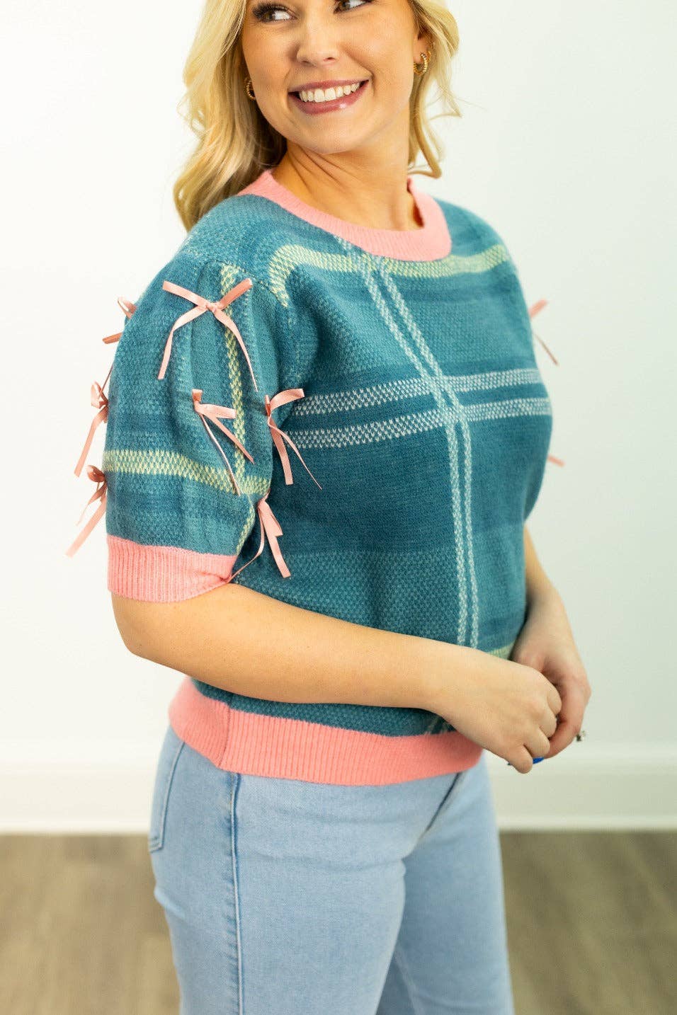 Turquoise Plaid Sweater with Puff Sleeves for wholesale on Faire5