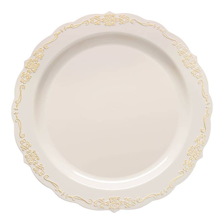 10" Ivory with Gold Vintage Rim Round Dinner Plates - 10 pcs for wholesale by Smarty had a Party