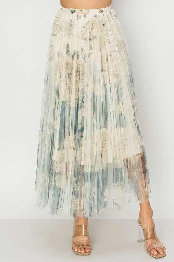 Chic Lined Pleated Tulle Midi Skirt With Elastic Waist - 4034 BG/DD NAVY FL for wholesale on Faire1