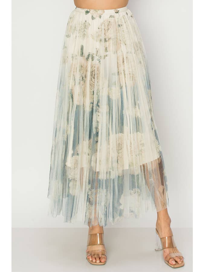 Chic Lined Pleated Tulle Midi Skirt With Elastic Waist - 4034 BG/DD NAVY FL for wholesale on Faire1