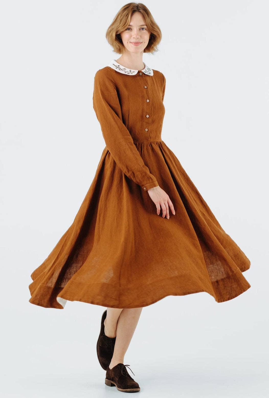 Son de Flor - Wholesale Dress - Women's - Classic Dress with Embroidered Hazelnut Collar, Long Sleeve7