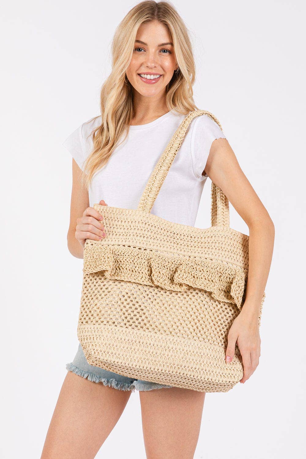 MiMi Wholesale - Wholesale Tote Bag - Women's - MB0272 Ruffle Detail Crochet Straw Tote Bag7