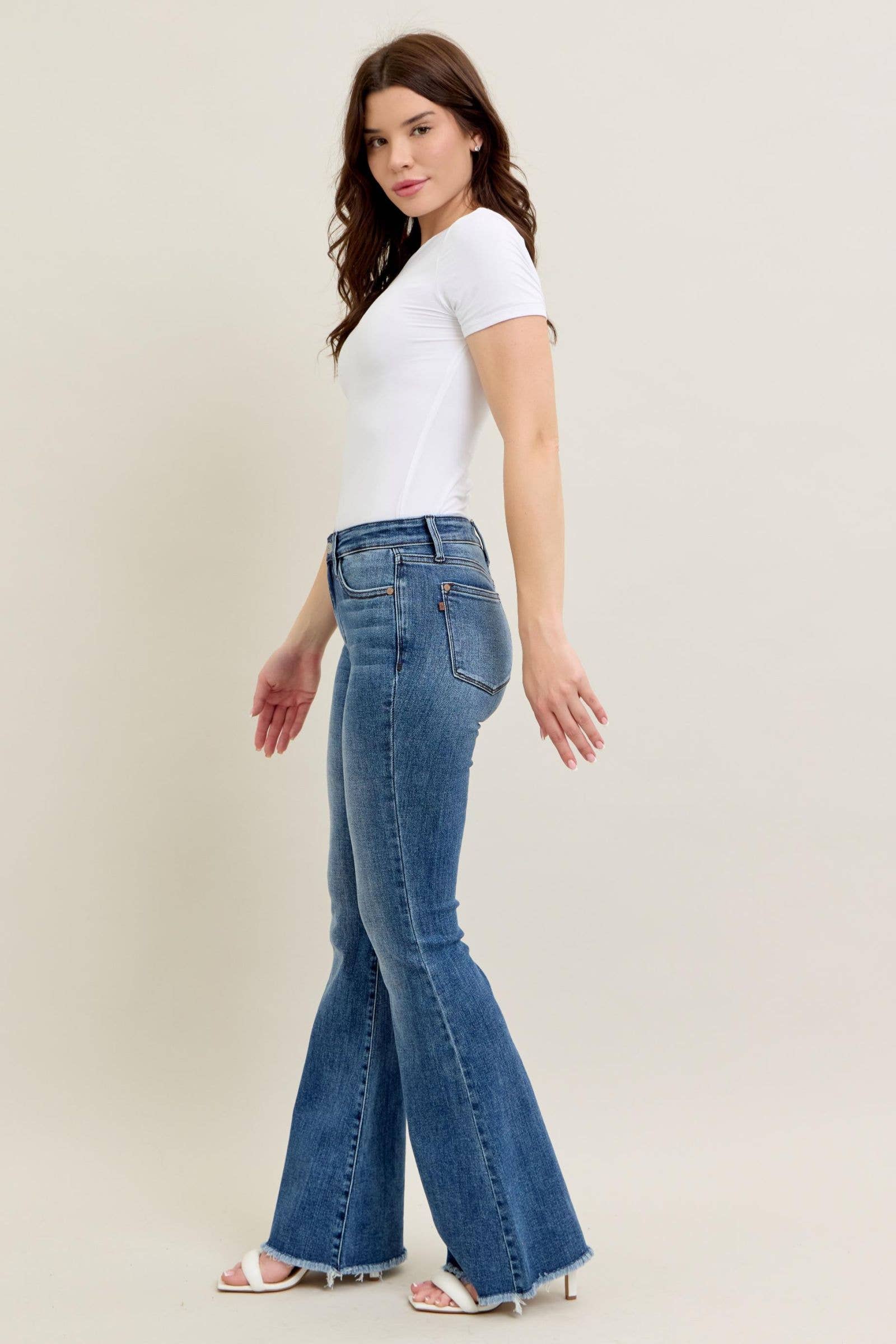 Watermelon Apparel – wholesale Jeans - Dam – Judy Blue Mid Rise Vintage Fray Hem Flare6