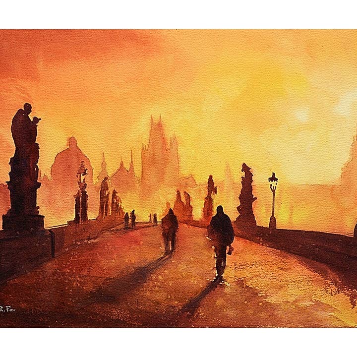 Prague St. Charles Bridge at sunset- Czech Republic Prague art watercolor landscape fine art orange wall decor art (print) for wholesale by Ryan Fox Fine Art
