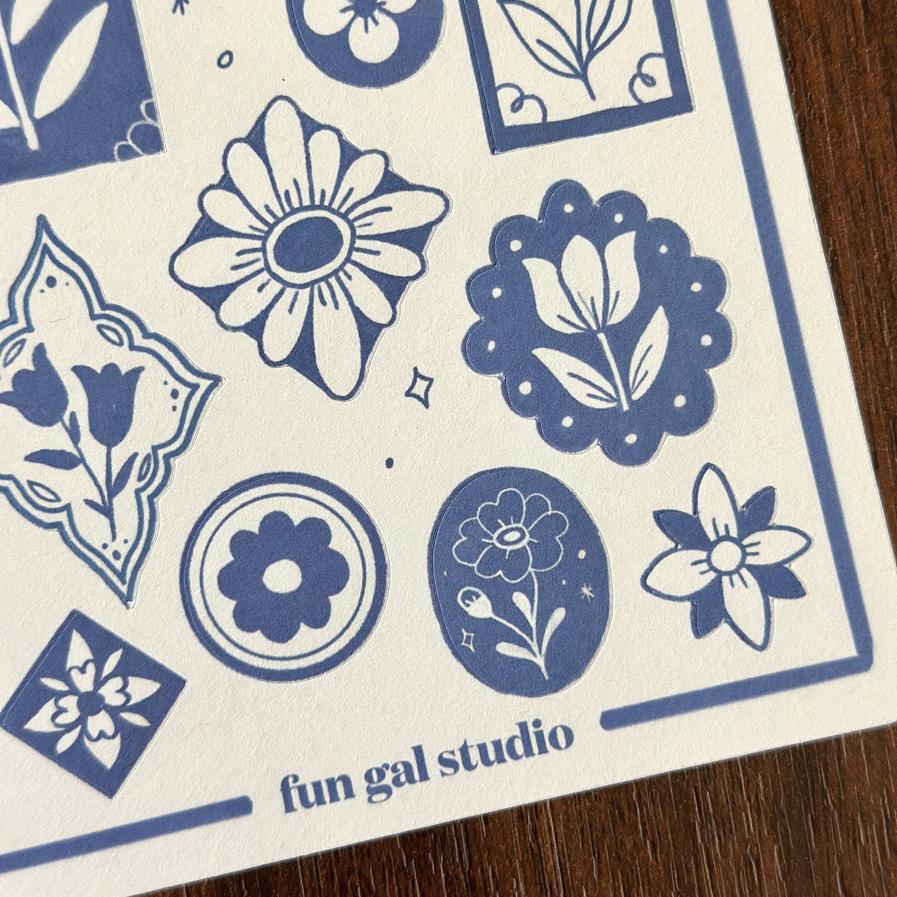 Fun Gal Studio - Wholesale Sticker - Blue Vintage Florals - Sticker Sheet3