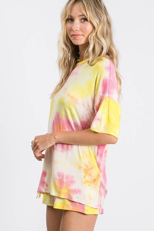 Yellow Pink Tie-Dye High-Waisted Lounge Shorts, WP9465 for wholesale on Faire3