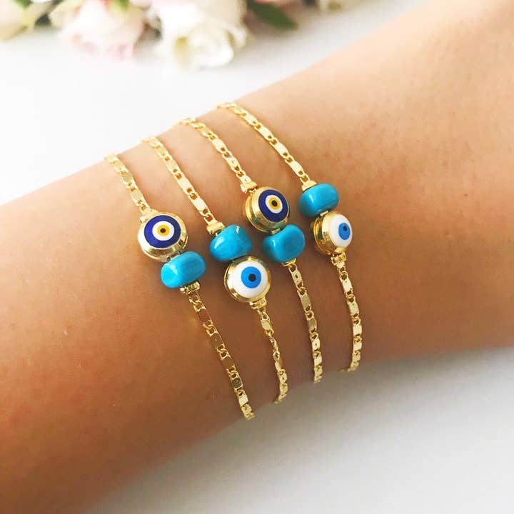 Evileyefavor – Engroshandel Armbånd med vedhæng – Guldkæde armbånd, Evil Eye Perle, Blå Hvid Evil Eye Perle, Græske Smykker