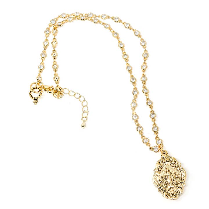 18" Bezel Crystal Necklace with Gold Blessed Mother Pendant for wholesale by PowerBeads by jen