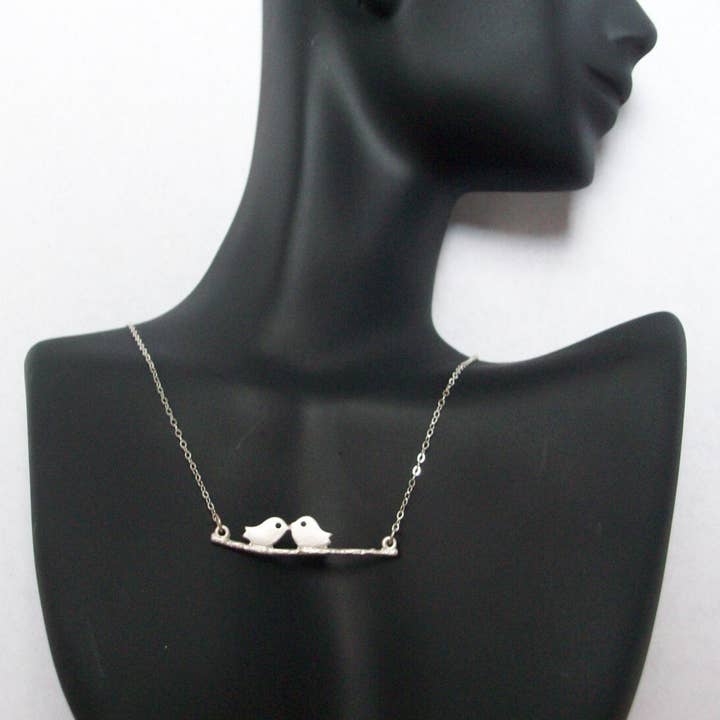 Birds on a Branch- Kissing birds necklace,Sterling Silver Modern Tweet birds on Branch Necklaces, grey, silver, white, Mothers Day, Birthda for wholesale by The Wandering Dandelion