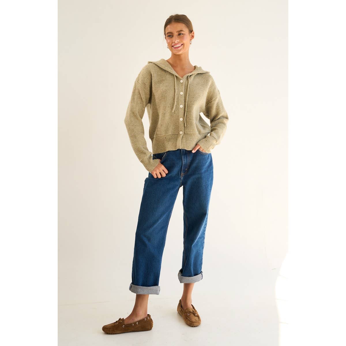 The GREii - Vente Pull en maille – femme - Cardigan à capuche en tricot moucheté avec boutons5