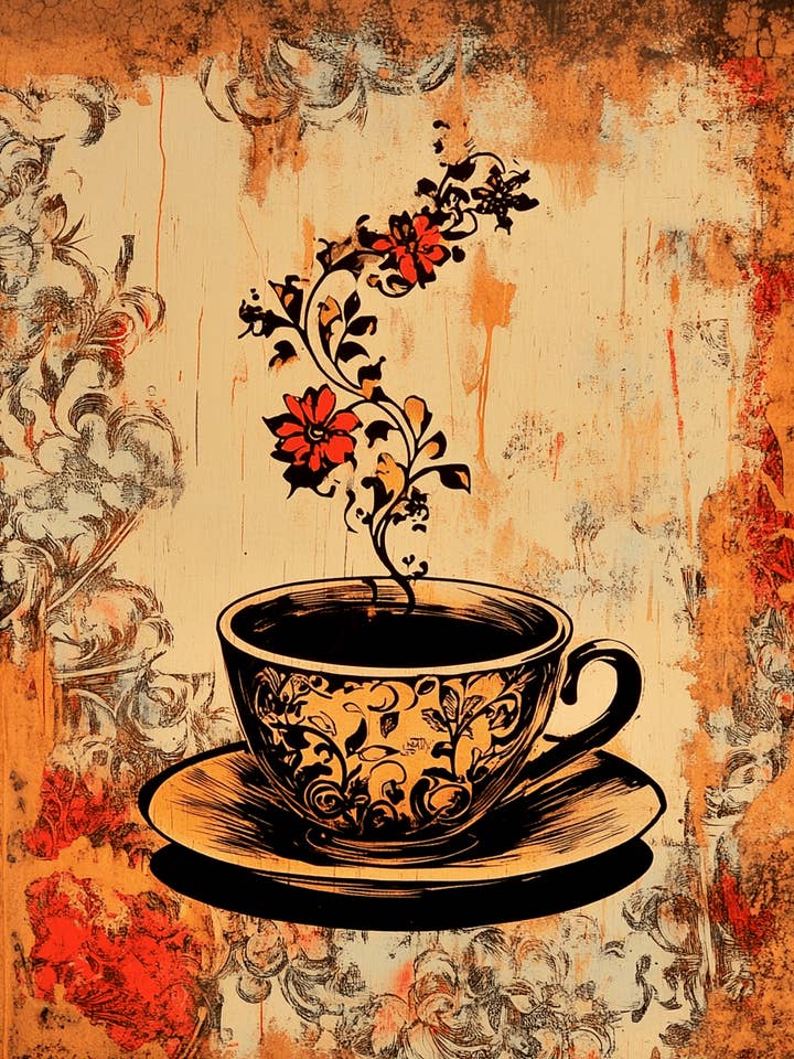 Folksy Floral Cup - Coffee Wall Art Prints - 8"x10" Art Print for 11"x14" Frame for wholesale by Mowbi