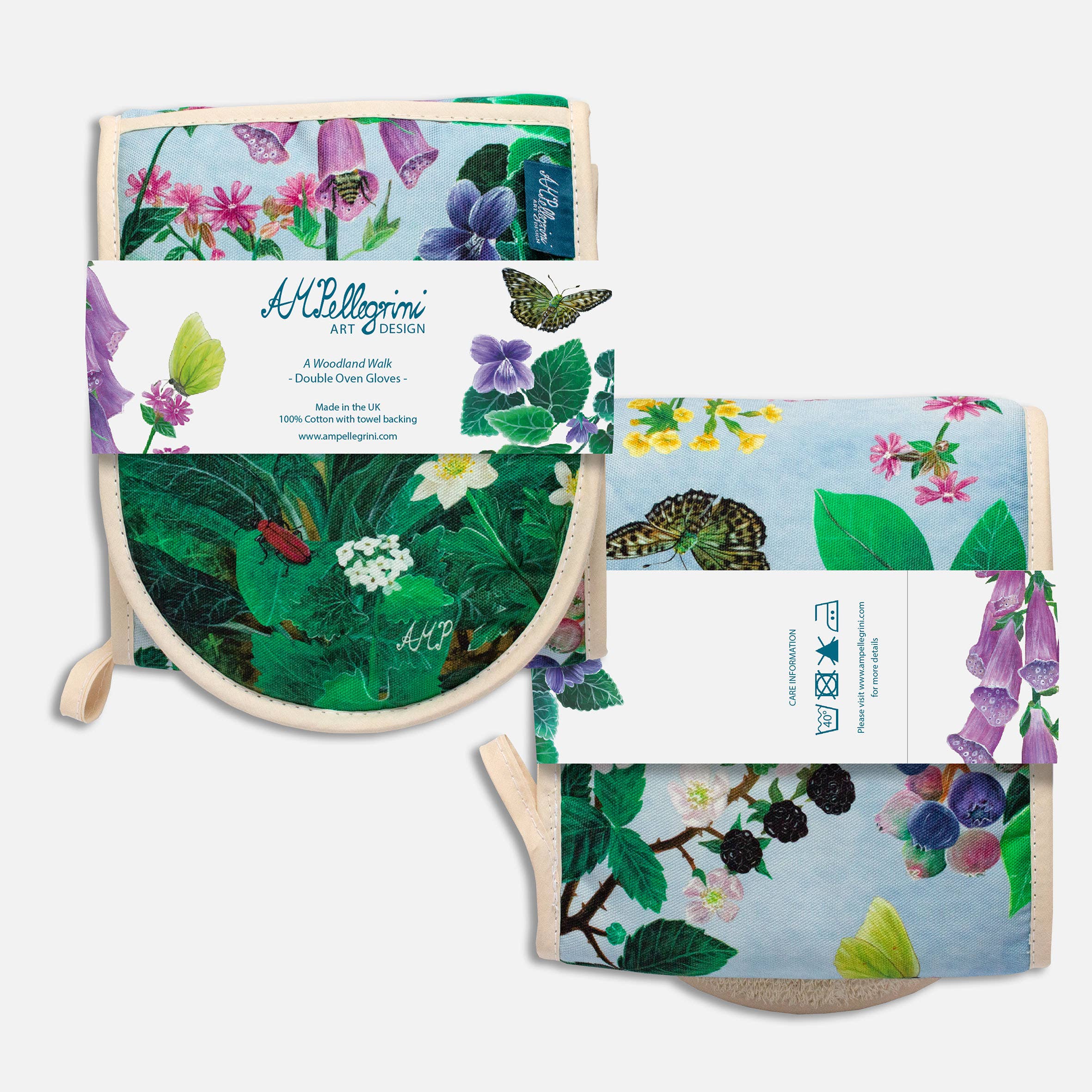 AMPellegrini Art & Design - Wholesale Oven Mitt/Pot Holder - Double oven gloves with woodland print / Foxglove oven glove3