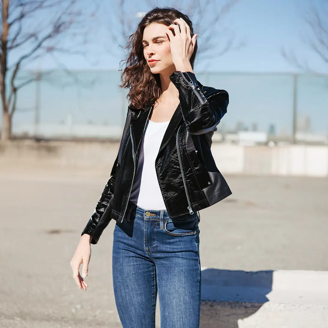 Clara Sunwoo - Wholesale Leather Jacket - Women's - JK225H -Vinyl, Liquid Leather ™ Panel Zip Cuff Pocket Jacket8