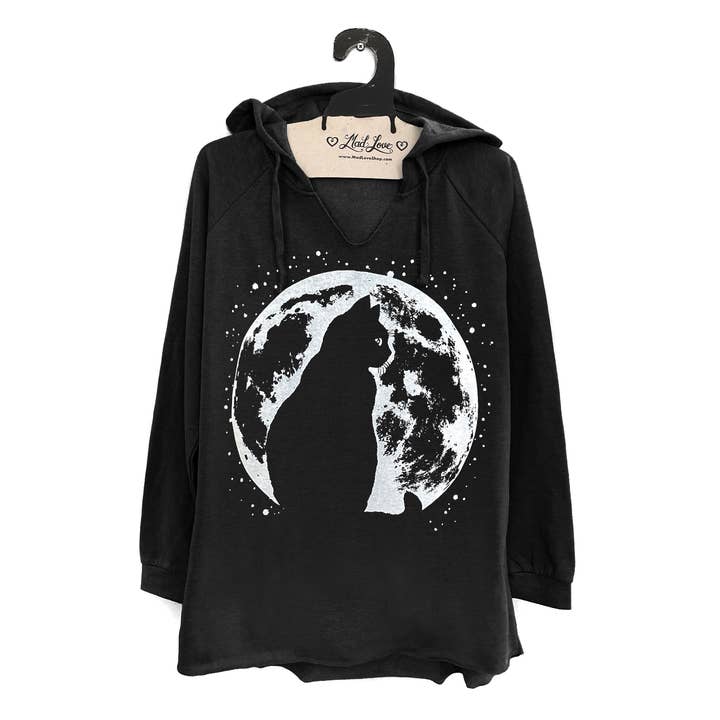 Black Fleece V-Notch Beach Pullover Hood with Cat Moon for wholesale by Mad Love Shop