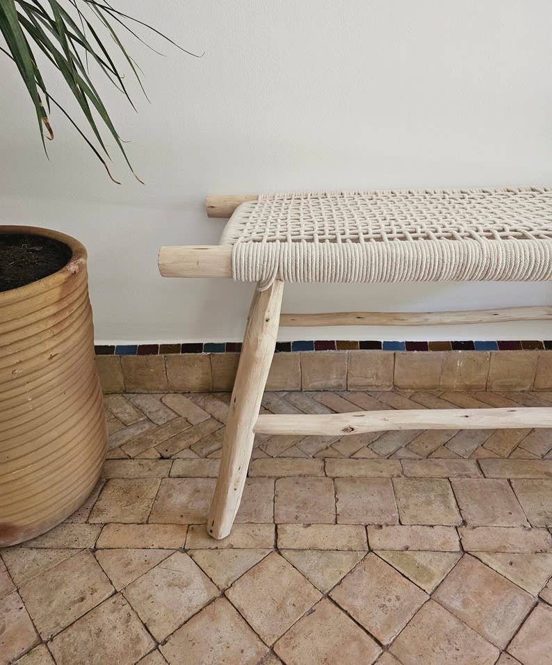 Melecraft - Vente Bancs - Banc marocain artisanal en bois d’eucalyptus avec corde beige3