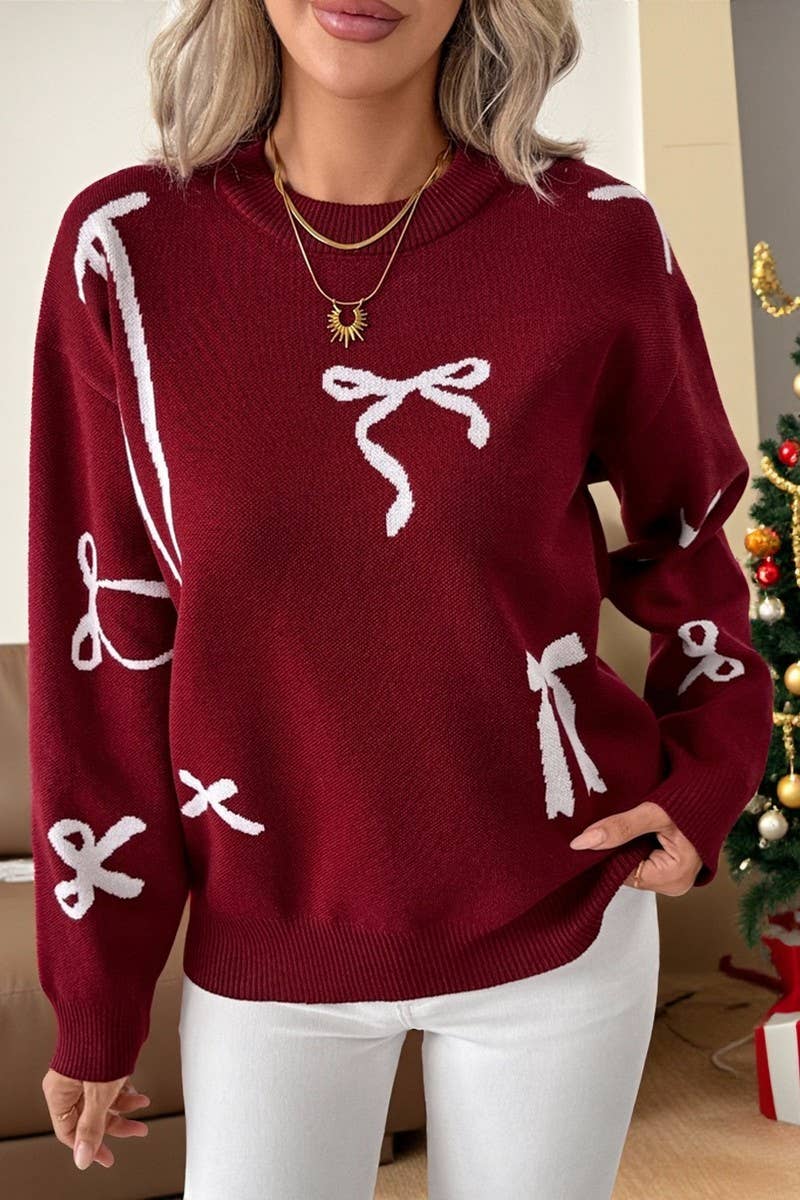 WINE CWOSWL07816_CHRISTMAS BOW JACQUARD CREW NECK SWEATER for wholesale on Faire