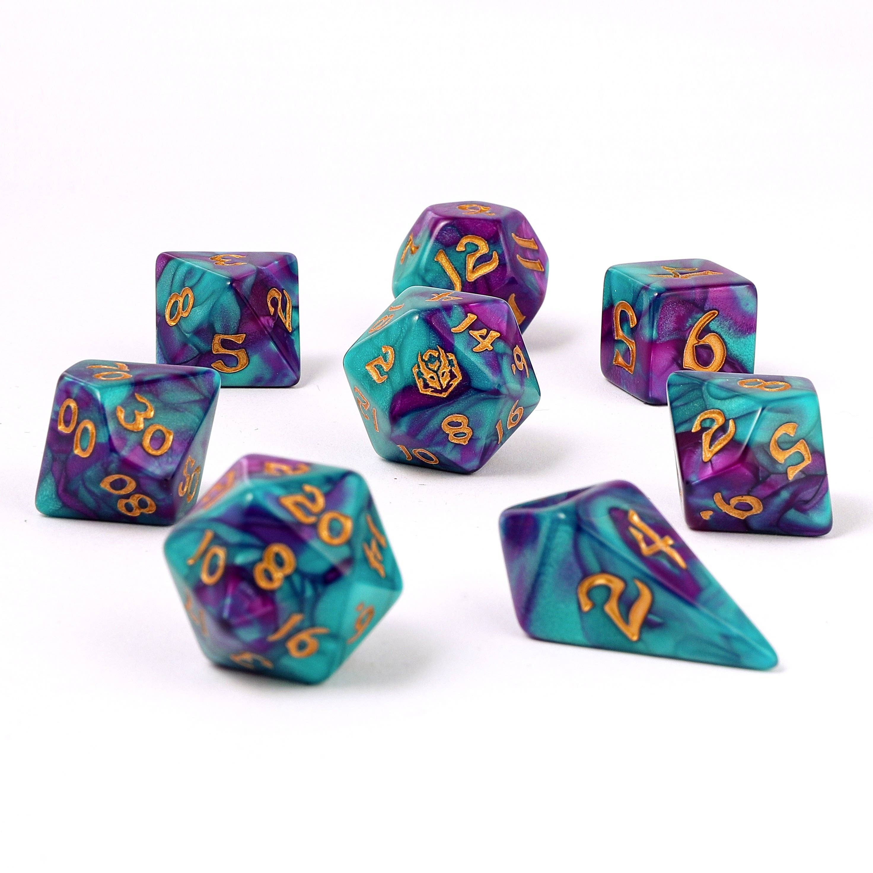 Hymgho Premium Dice - Wholesale Dice - Wyrmforged Rollers - Rounded Edge 8 Piece Polyhedral Dice set - Frostbloom1