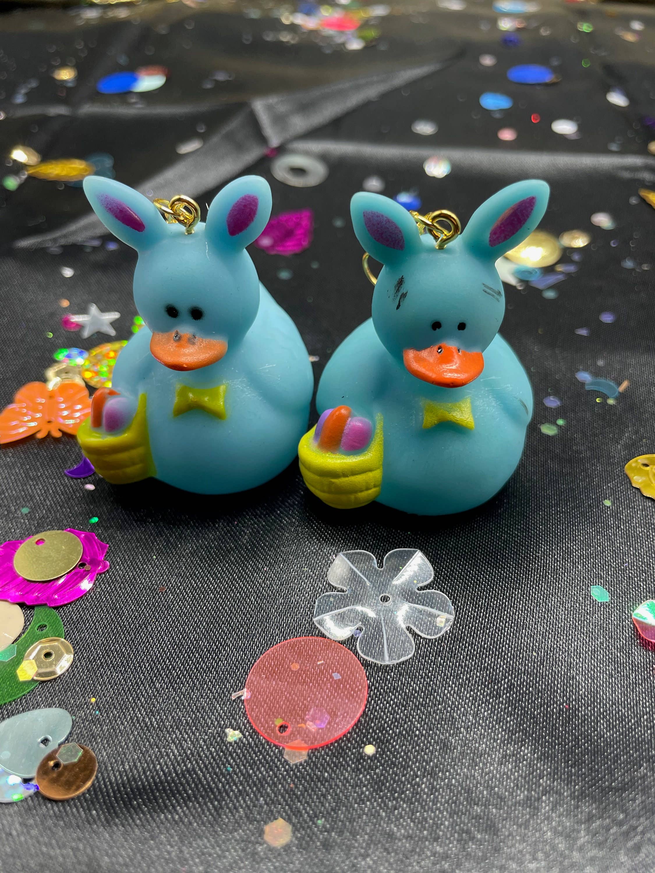R59Creates – wholesale Dangle earrings – Easter Themed Lil Rubber Ducky Earrings! In Yellow Bunny, Blue Bunny, Pink Bonnet, And Purple Egg W/ Gold, Silver Or Silver Drop Chain!9