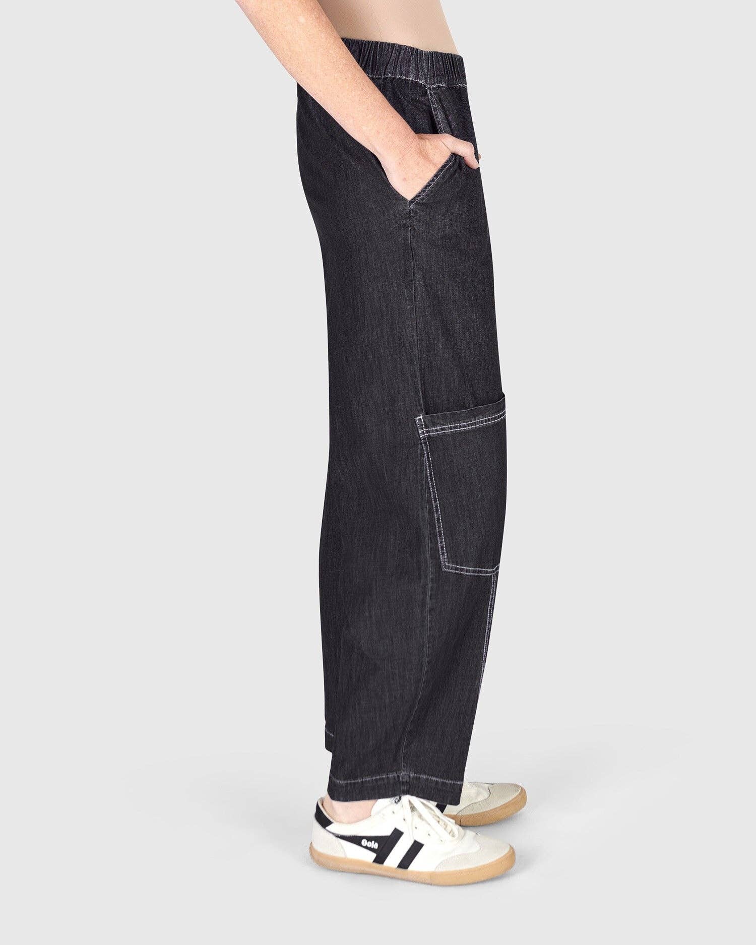 Papaya Relaxed Pants, Black Denim for wholesale on Faire4