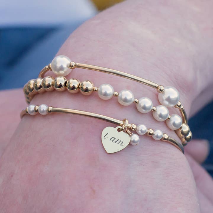 Made as Intended - Wholesale Beaded Bracelet - 8mm White Pearl Blessing Bracelet in Gold - June 1