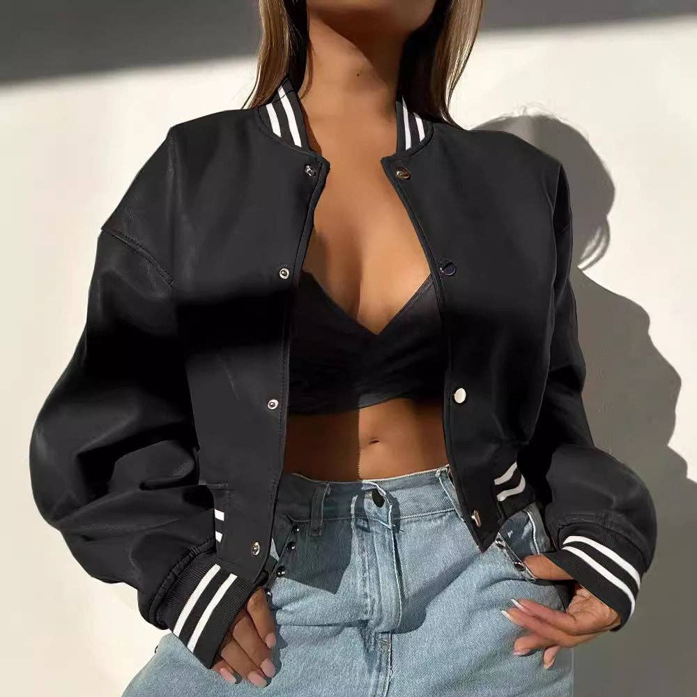 Sweetkama - Wholesale Varsity/Baseball Jacket - Women's -  Ladies Color Block PU Botton Open Jacket 35211