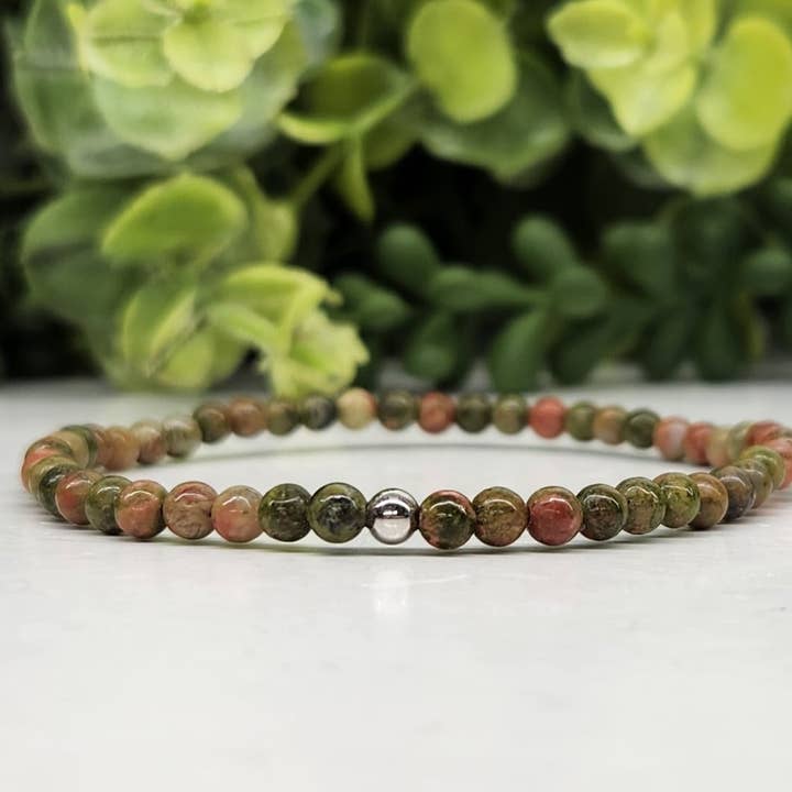 Unakite Gemstone Stretchable Bracelet 4MM Beads -7.5" Long for wholesale by Meraki Gemstones