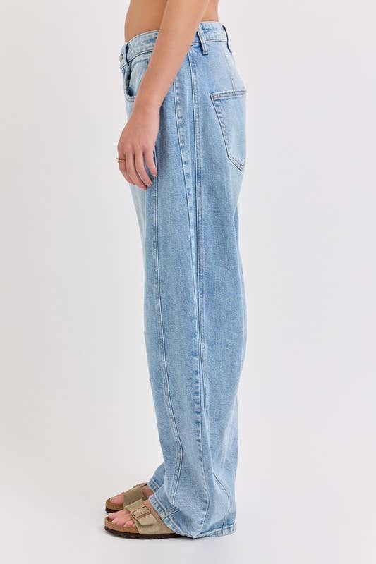 Light Denim 19641BR-LT-Mid Waisted Five Pocket Barrel Jeans for wholesale on Faire1