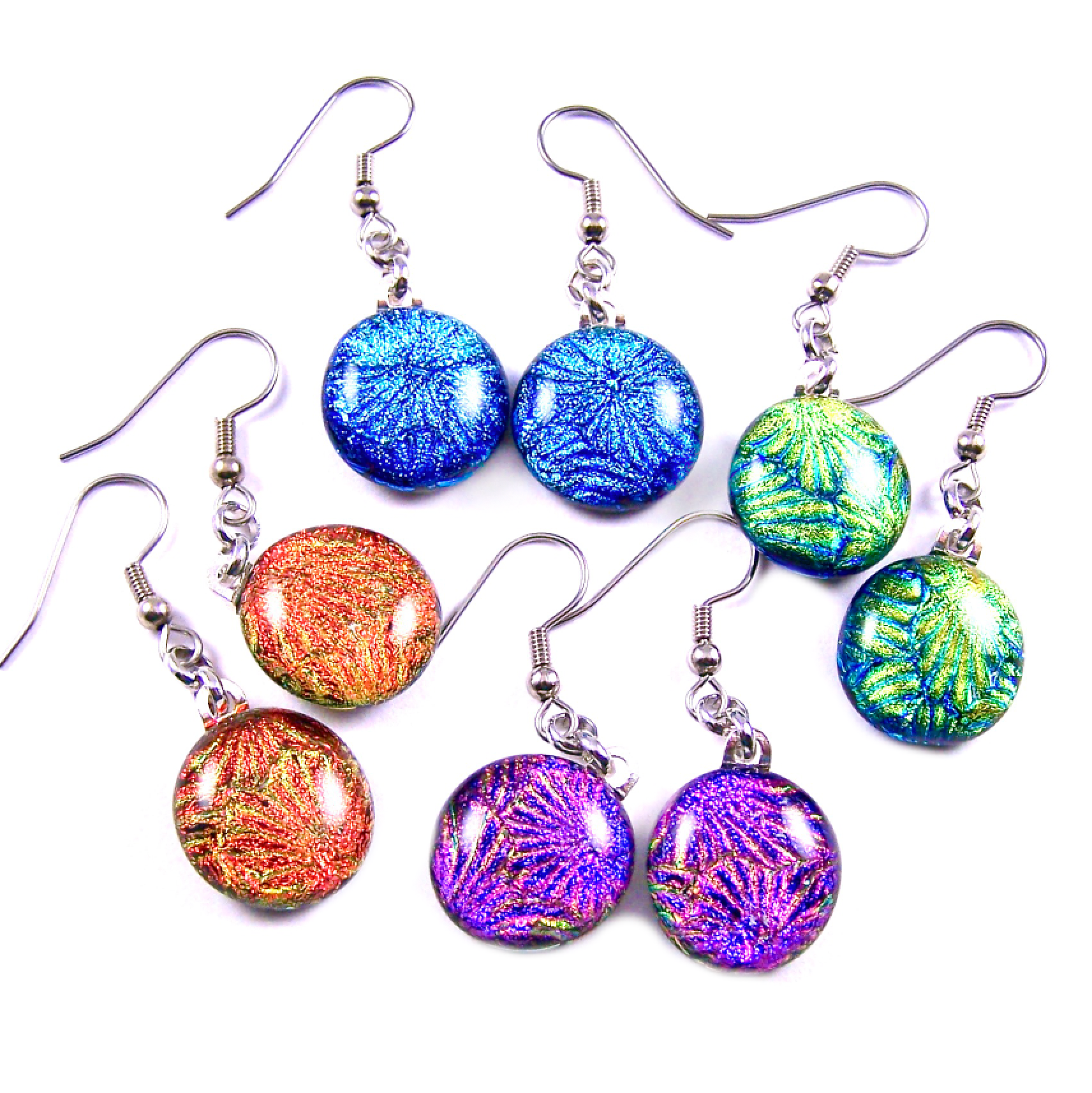 Glass Town USA - Wholesale Dangle Earrings - Dichroic Glass Earrings Dangle - Round Textures Rainbow Mix1