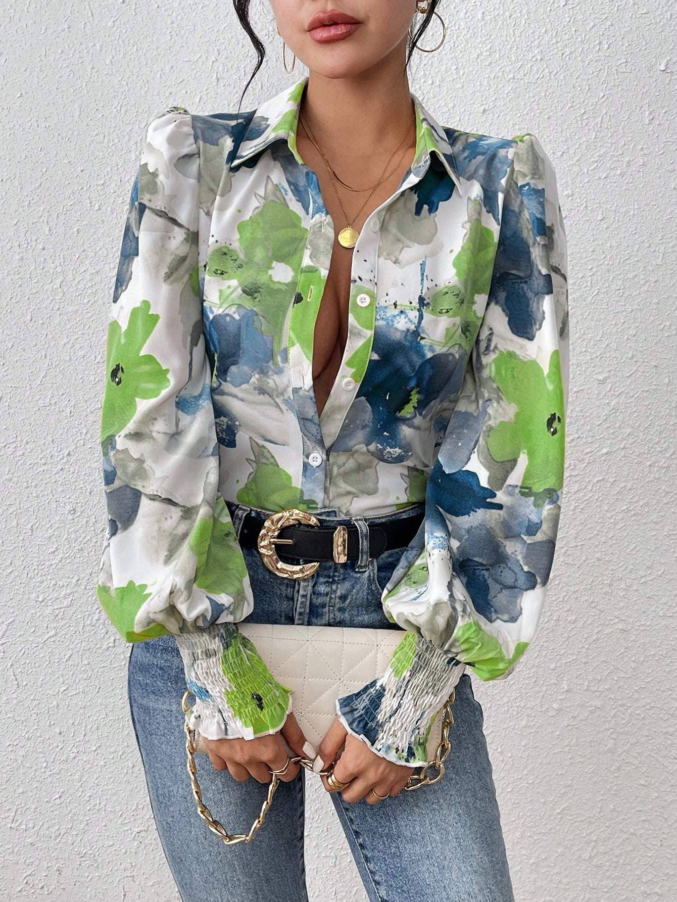 Fashion Combination - Wholesale Button Down Shirt - Women's - priv floral print lantern sleeve shirt39