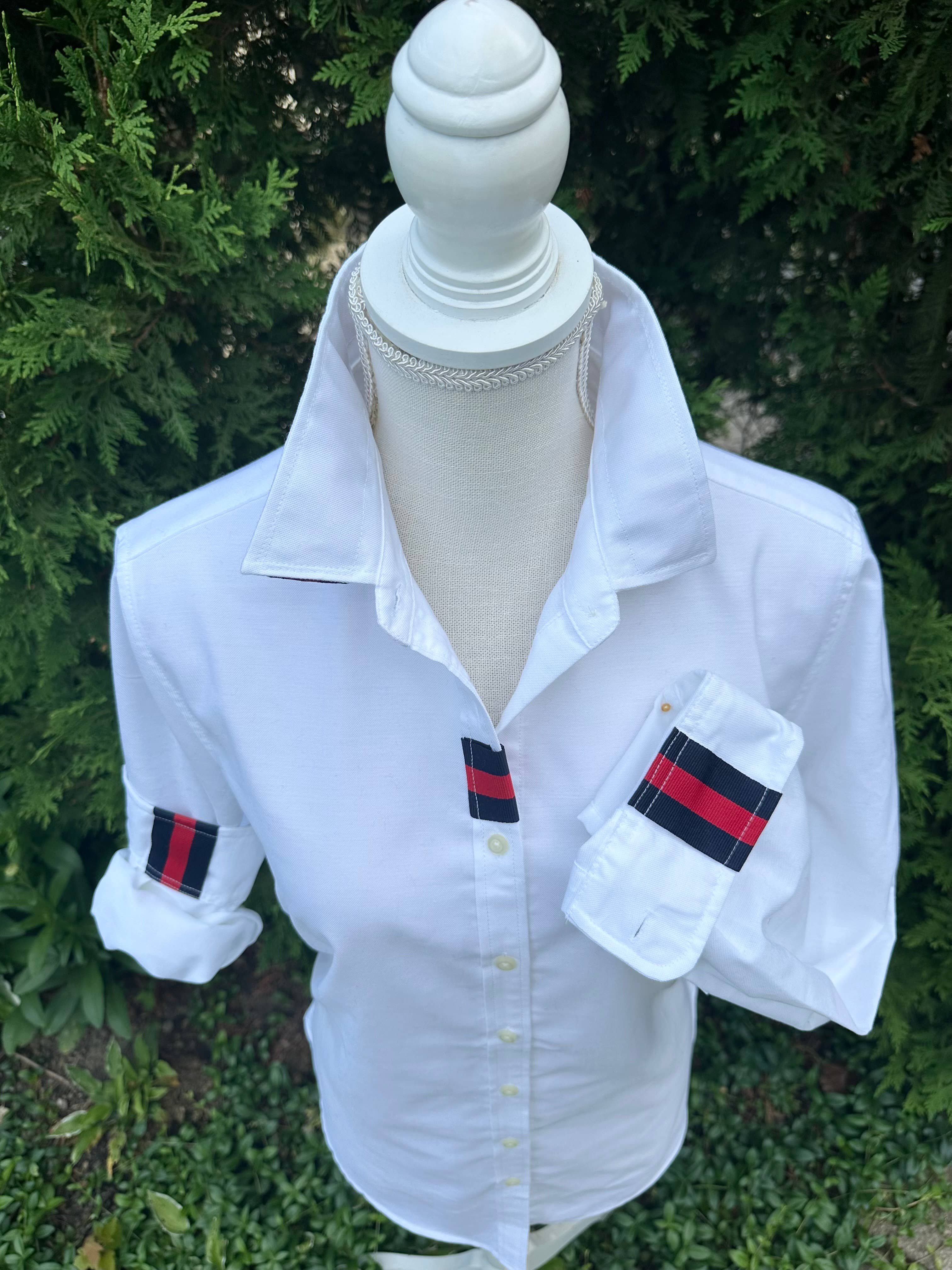 Casie 2 - White Oxford w/Navy & Red Stripe Ribbon  for wholesale on Faire6