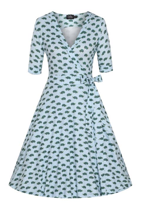 Vestido Envolvente de Punto Azul Claro Estilo Años 50 con Tortuga Marina Matilda para venta al por mayor de Dolly & Dotty