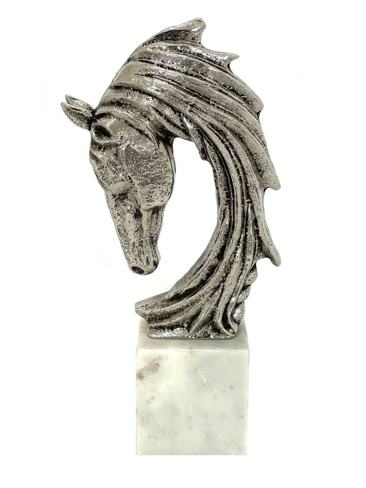Warm Silver Antique Horse Head Sculpture for wholesale by Elegance Beyond