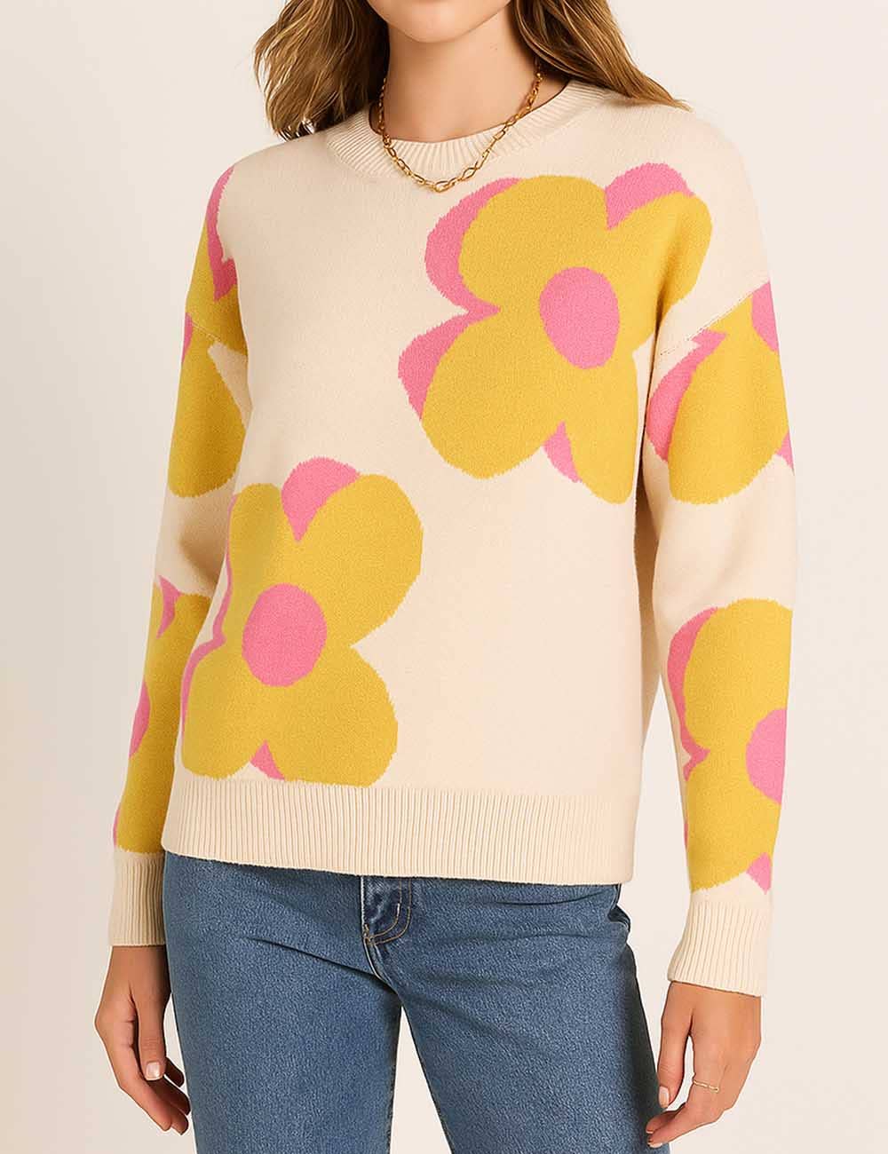 Sweetkama - Vente Pull en maille – femme - Pull tricoté à col rond à motif floral multicolore pour femmes5