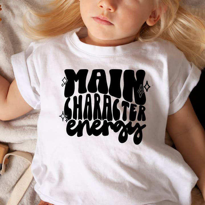 Kid's 'Main Character Energy' Monochrome Slogan T-shirt for wholesale by Lottie & Lysh