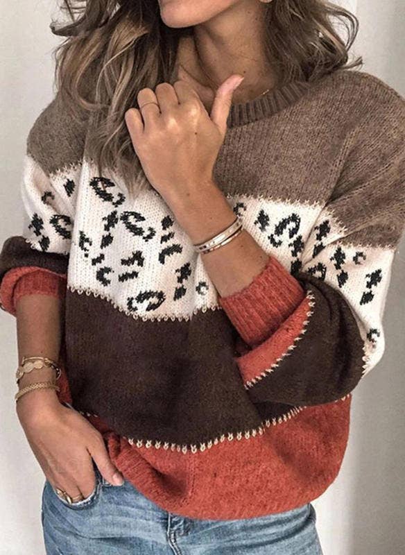Lily Clothing - Wholesale Knit Sweater - Women's - LEOPARD PRINT PATCHWORK FASHION KNIT PULLOVER3