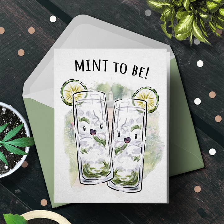 Süße Cocktail-Hochzeitstagskarte „Mint to Be“ für den Großhandel von Aaron Millard Illustration
