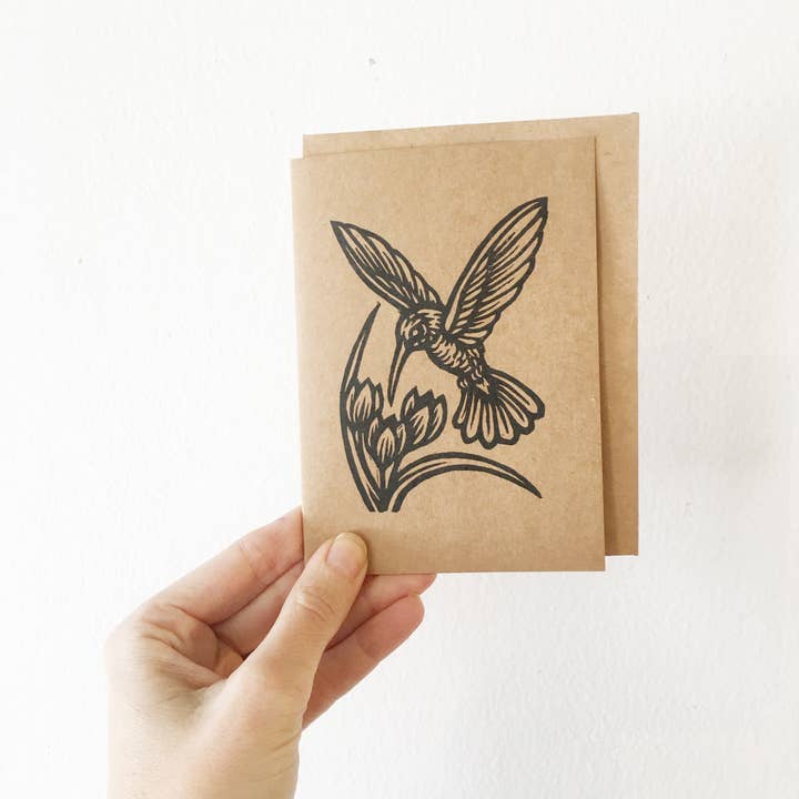 Hummingbird Linocut Letterpress Kraft Notecard for wholesale by Horse & Hare
