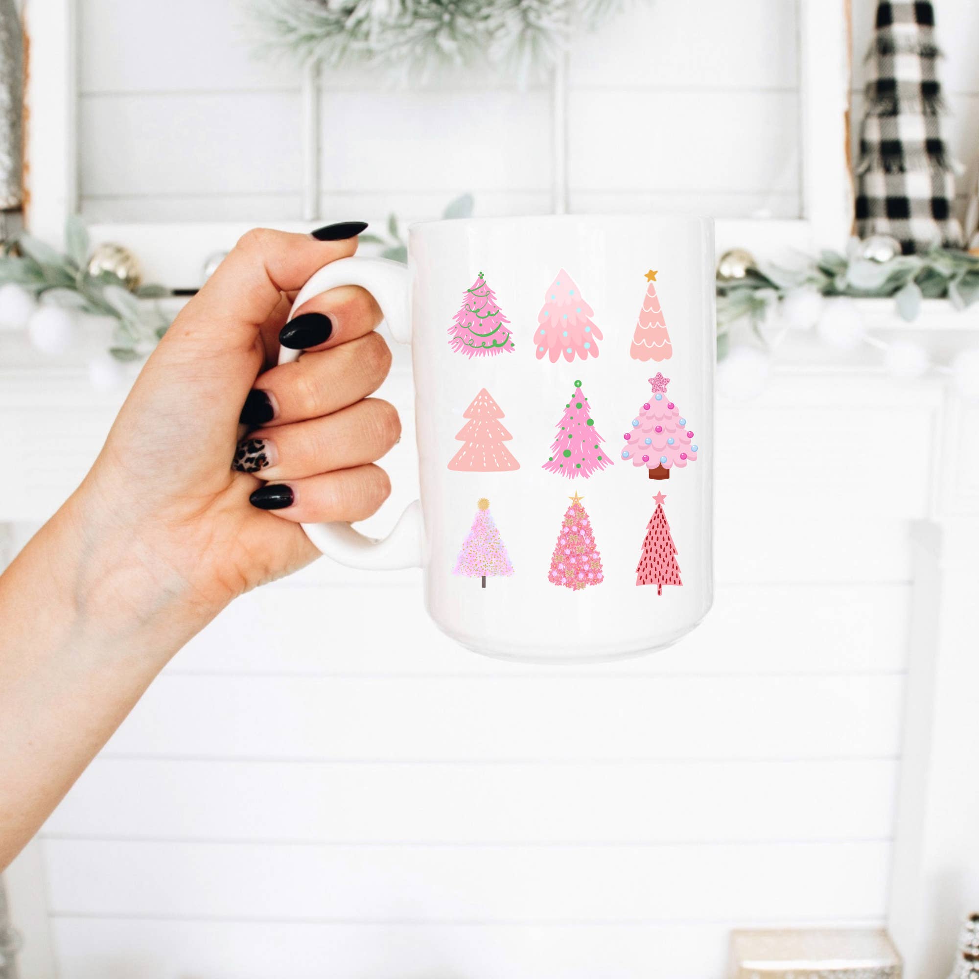 Boho Sips – wholesale Coffee mug – 15oz. Coffee Mug, Pink Christmas, Pastel, Christmas Tree