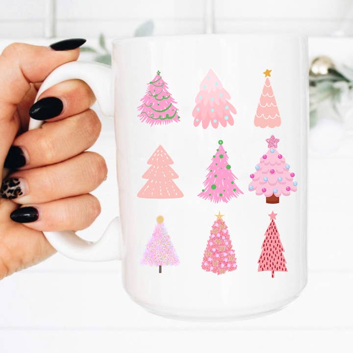 Boho Sips – wholesale Coffee mug – 15oz. Coffee Mug, Pink Christmas, Pastel, Christmas Tree0