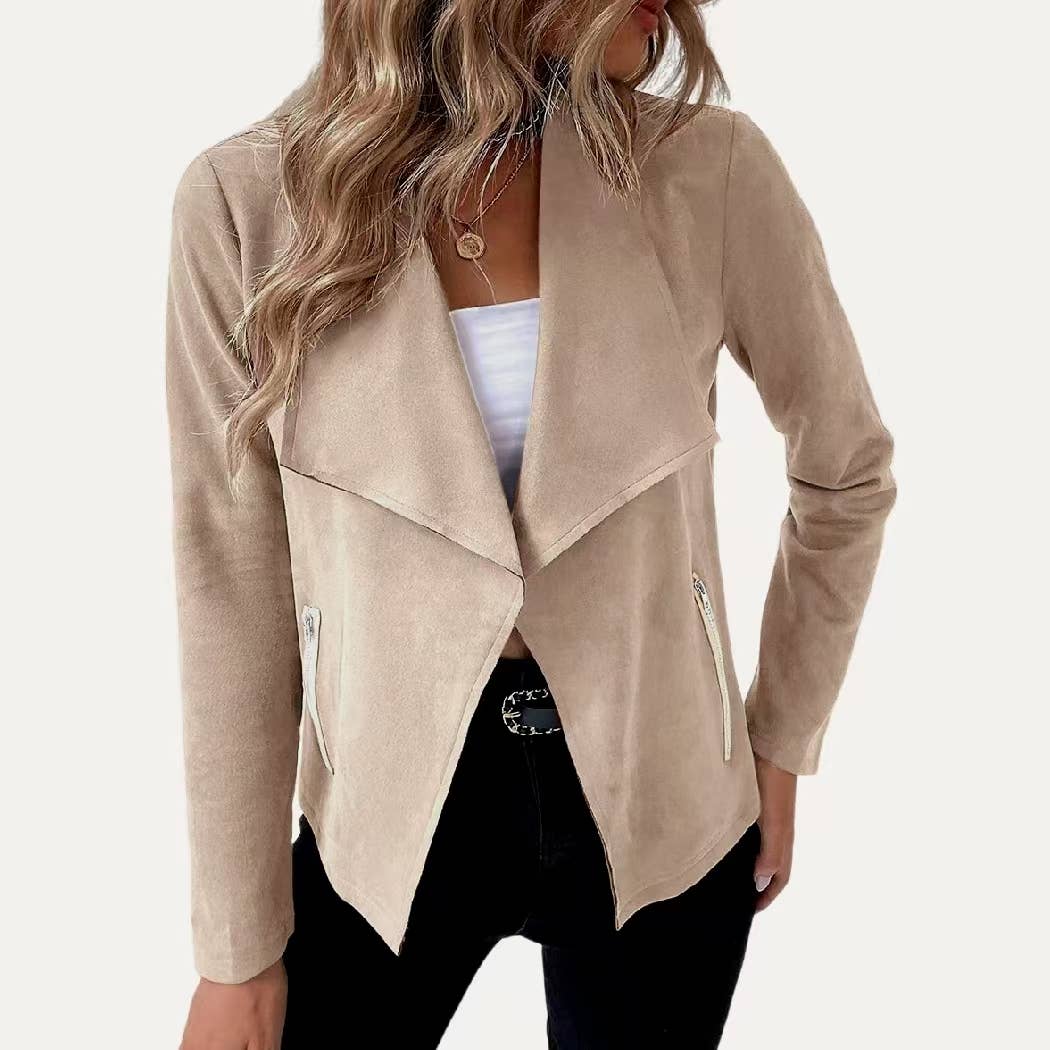 The Moment Collection - Wholesale Jacket - Women's - Stylish Collared Vegan Suede Long Sleeve Jacket6