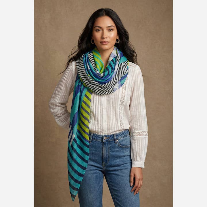 Block Stripe Lightweight Cotton Scarf in Blue for wholesale by Sarta