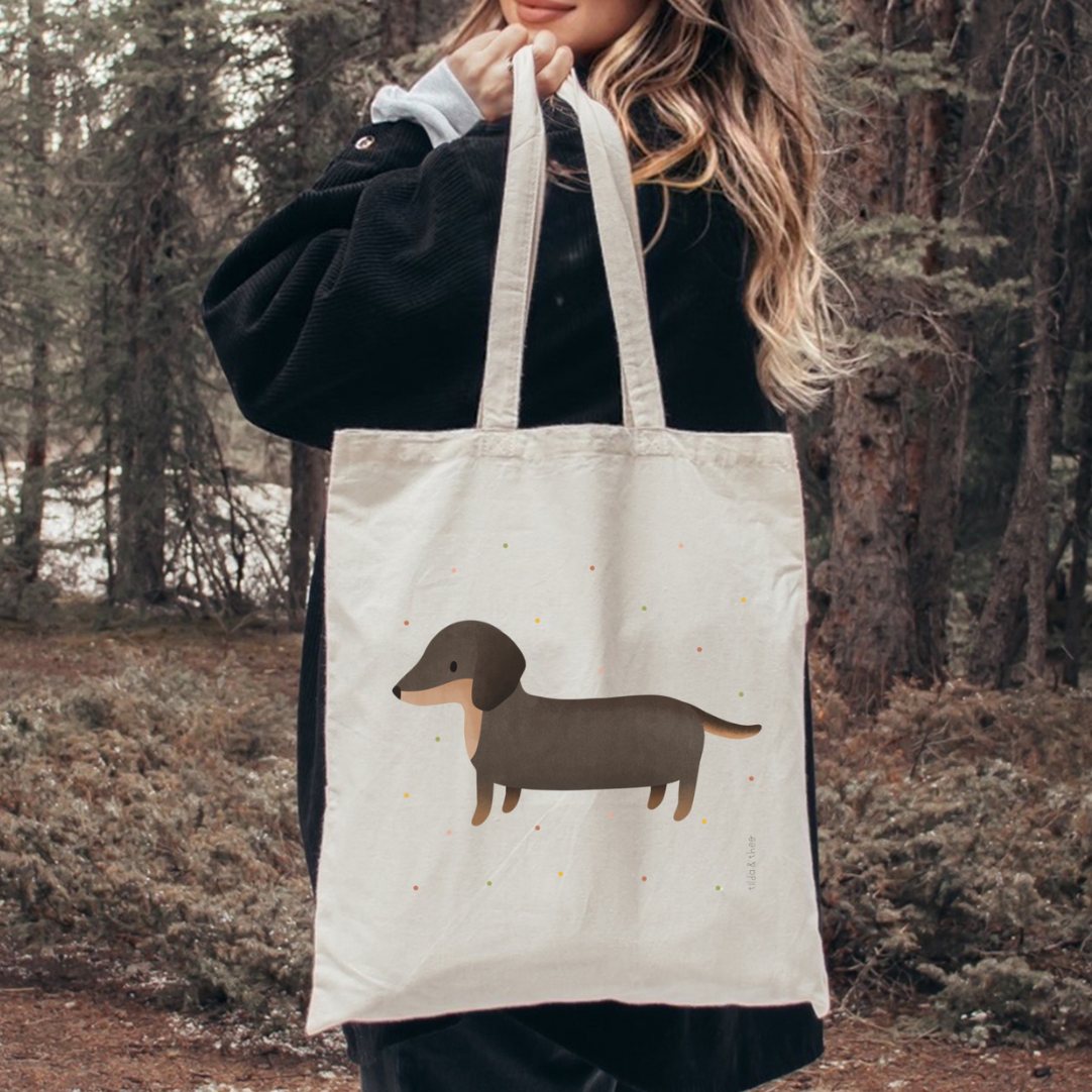 Tilda&Theo - Vendita all'ingrosso Borsa tote - Donna - Borsa in tessuto con stampa bassotto - Borsa in juta Dachshund Ko4