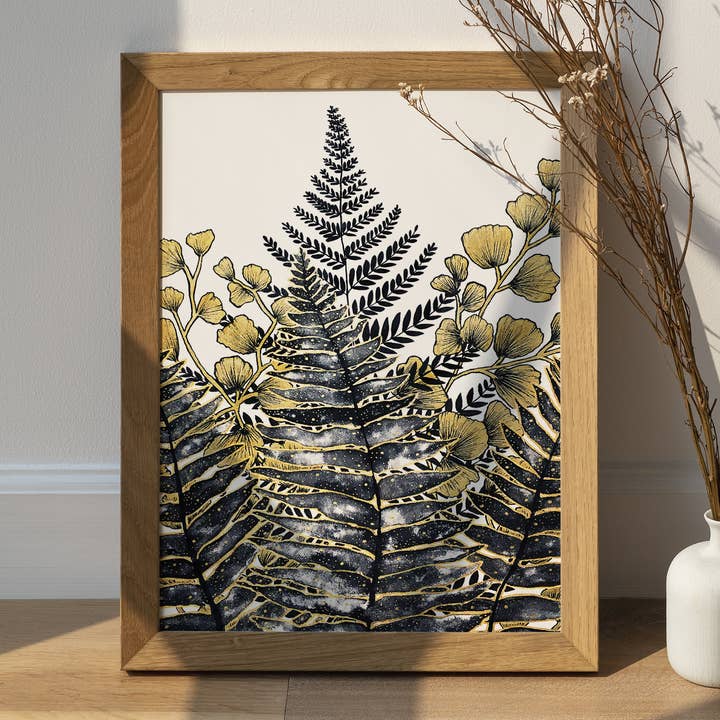 Plant Art Print, Ferns botanical Poster in black and gold for wholesale by The Flow Design