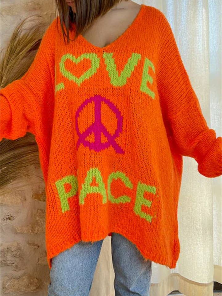 Rosa Clothing - Wholesale Tunic Sweater - Women's - Love and Peace v-neck loose Knit Sweater