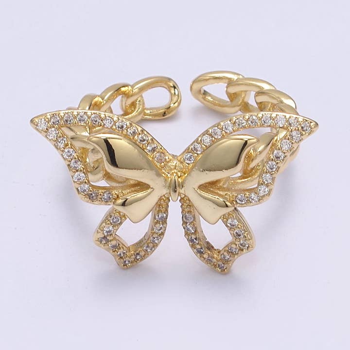 Micro Pave Gold Butterfly Adjustable Cluster Open Ring for wholesale by Aim Eternal