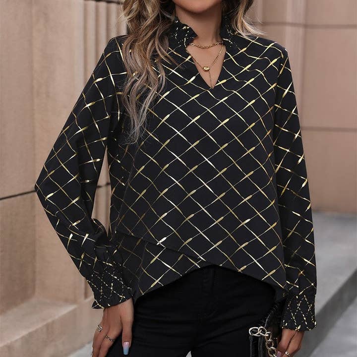 BLACK Diamond Plaid V-Neck Lantern Long-Sleeved Shirt for wholesale on Faire5