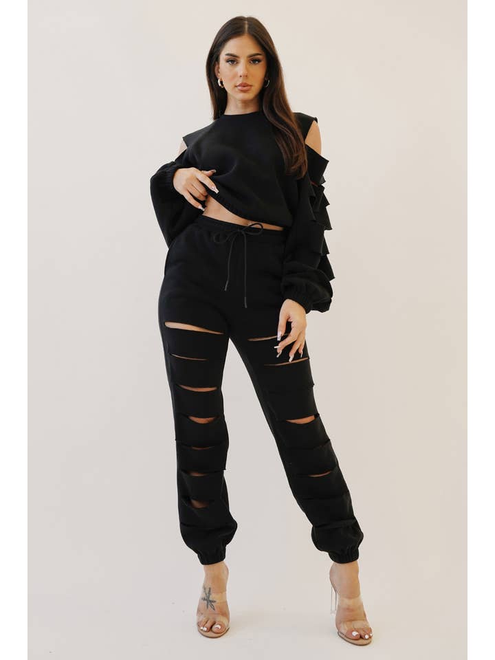 No Vacancy - Wholesale Lounge Sweatpants/Joggers - Women's - Cut out legs fleece jogger pants1