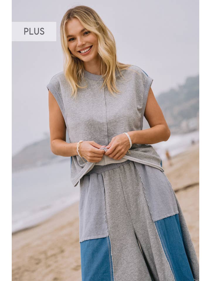 Oddi – wholesale Loungewear-topp - Dam – Plus tvättad fransk frotté denim Mixed Muscle Tank 8