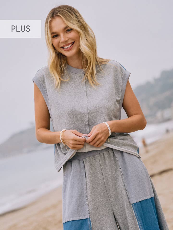 Oddi - Wholesale Lounge Top - Women's - Plus Washed French Terry Denim Mixed Muscle Tank