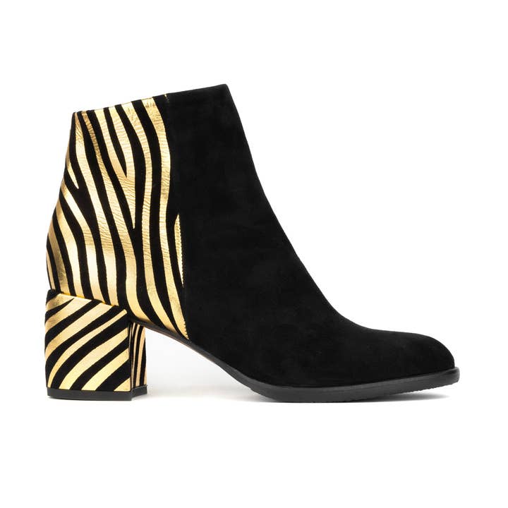 Embassy London – wholesale Booties – Women's – Impala - Black & Gold - Women's Suede Ankle Boot with Block Heel & Gold Foil Zebra Stripes0